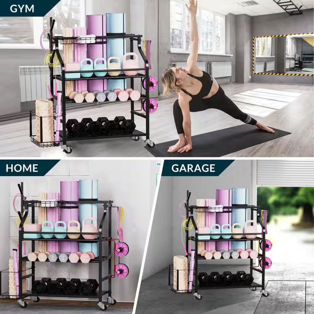 4-Tier Yoga Mat and Dumbbell Storage Rack with Wheels and Hooks for Home Gym Organization