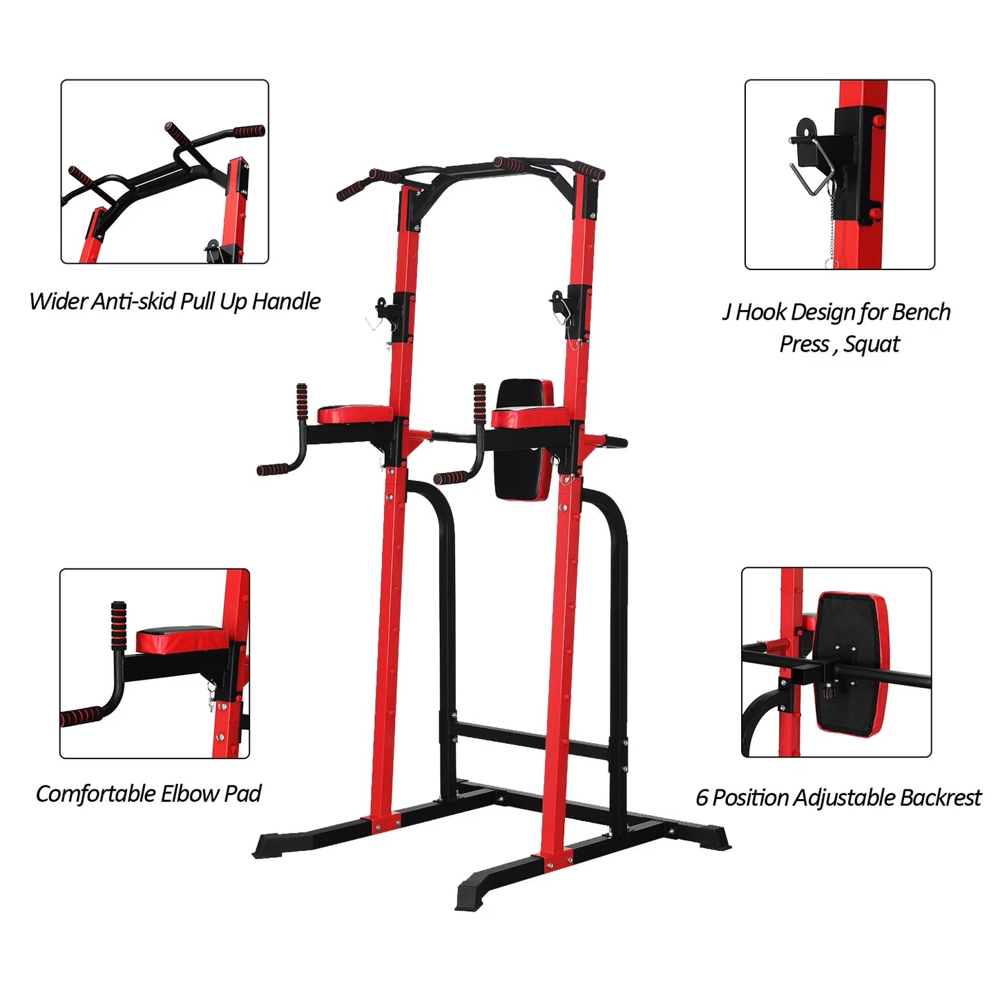Multi-Function Power Tower with Dip Stands, Pull-Up Bars, and Squat Bar for Home Gym Strength Training - Red