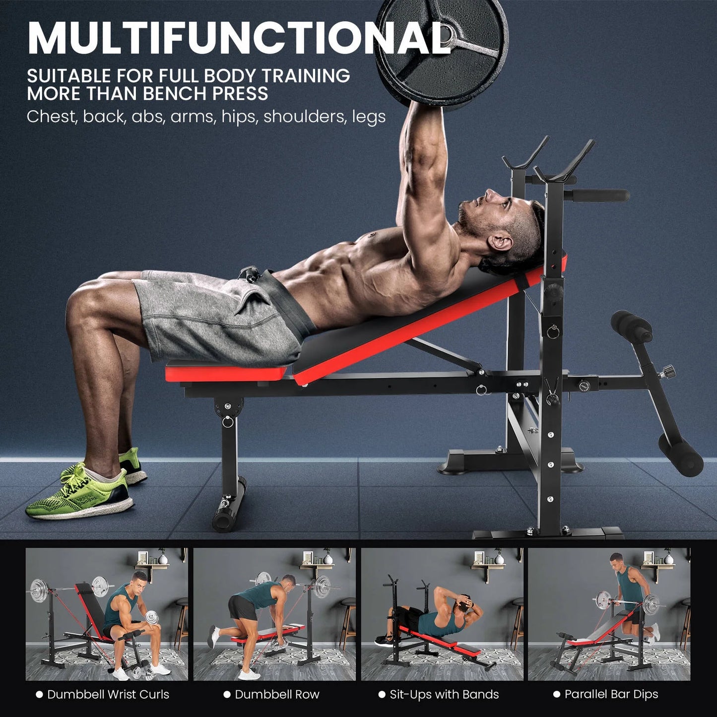 6-in-1 Adjustable Weight Bench Set with Barbell Rack and Removable Foot Bracket, Includes Resistance Bands for Home Gym Training