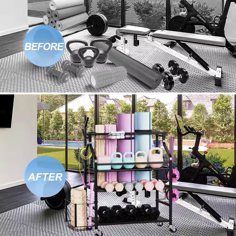 4-Tier Yoga Mat and Dumbbell Storage Rack with Wheels and Hooks for Home Gym Organization