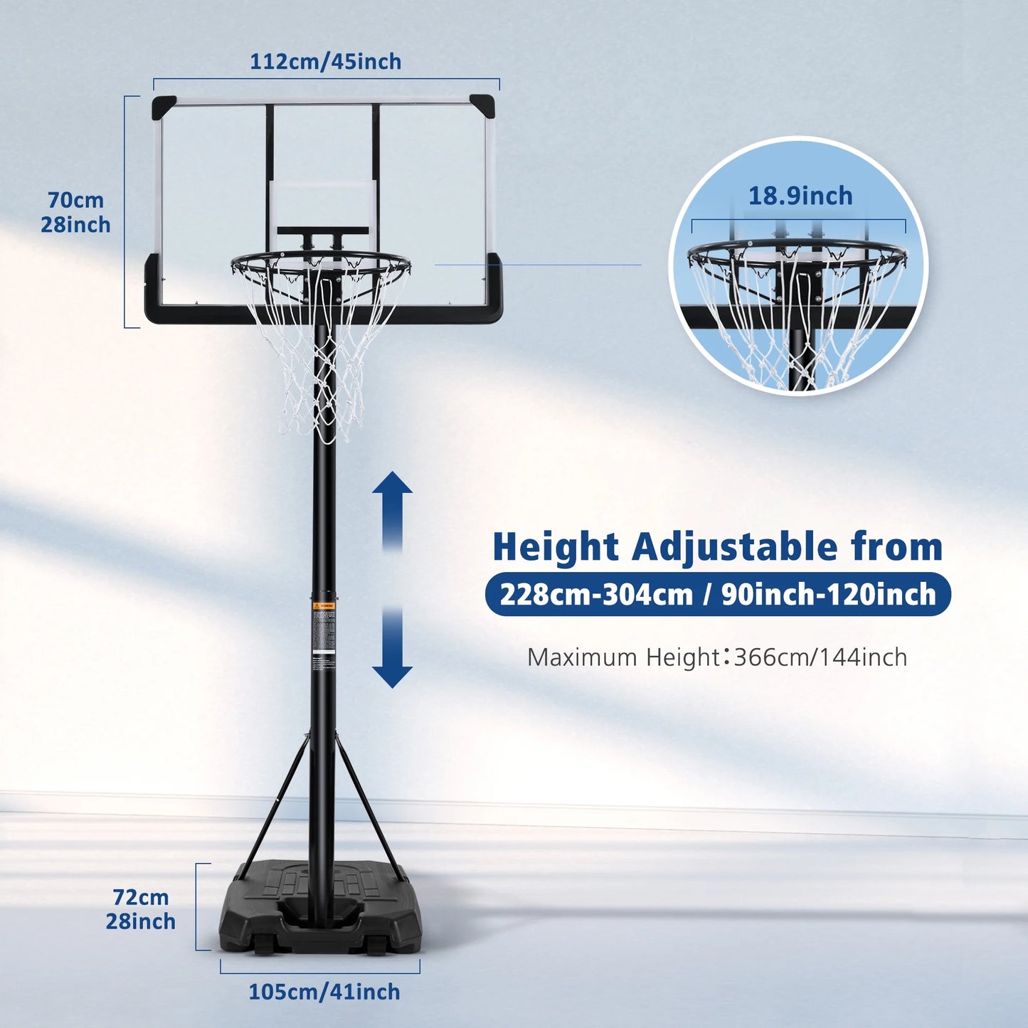 44-Inch Portable Basketball Hoop System with Adjustable Height, Large Backboard, and Stable Base for Indoor and Outdoor Use for All Ages