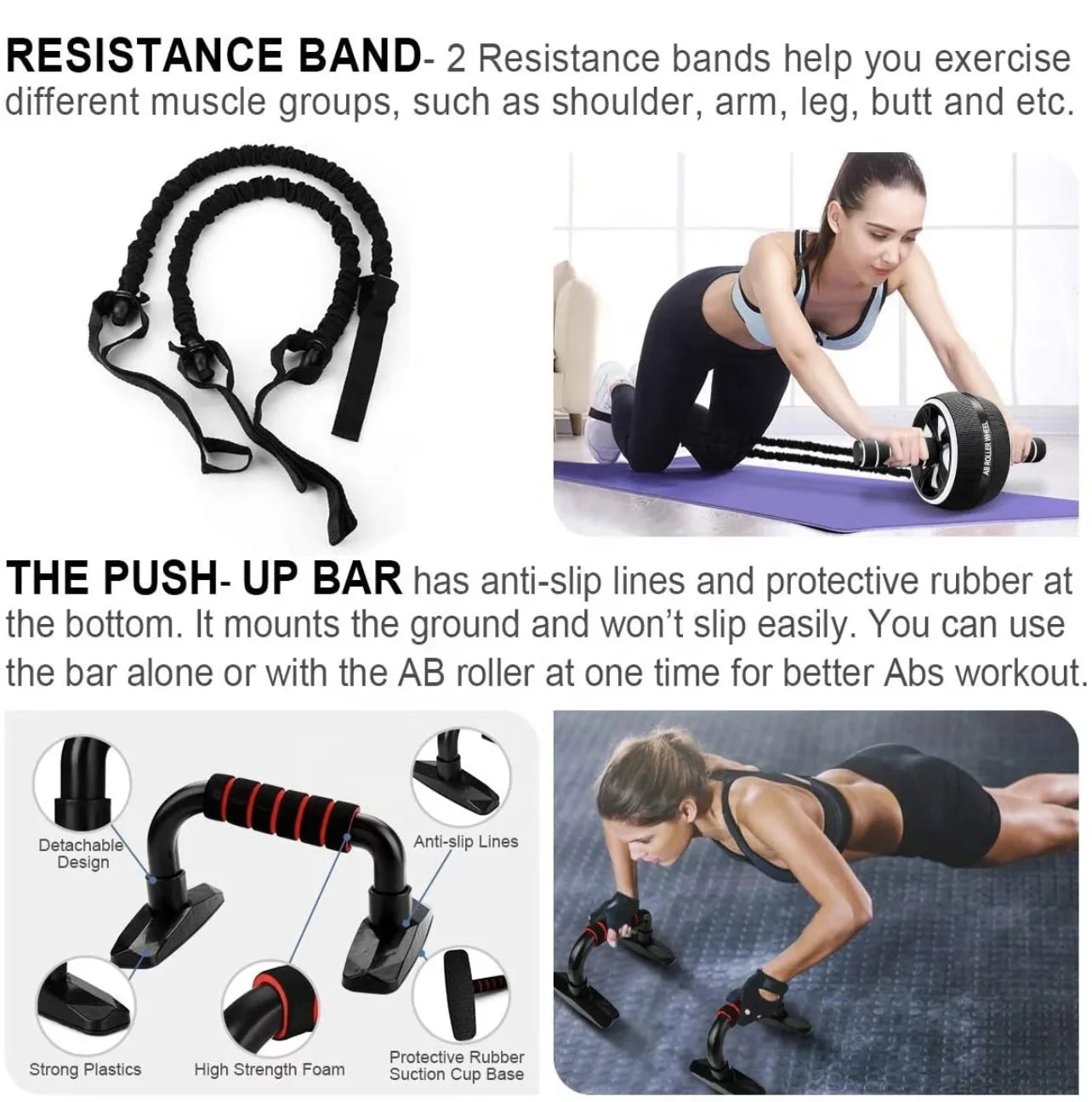 17-in-1 Ab Roller Wheel Workout Kit with Resistance Bands, Knee Mat, Jump Rope, and Push-Up Bar for Core Strength Training at Home and Gym - Unisex Design in Black