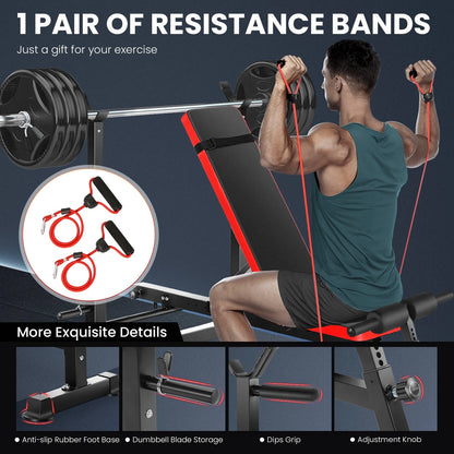 6-in-1 Adjustable Weight Bench Set with Barbell Rack and Removable Foot Bracket, Includes Resistance Bands for Home Gym Training