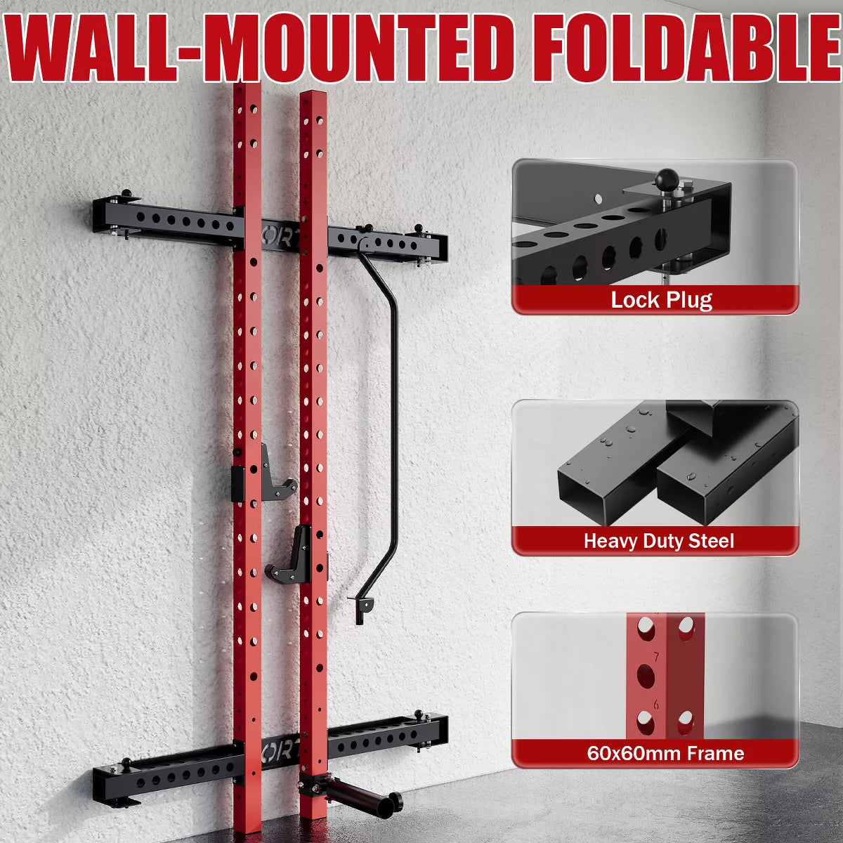 Garvee Wall-Mounted Folding Squat Rack with 1000 lbs Capacity, Integrated Pull-Up Bar, J Hook, and Landmine Attachment for Home Gym