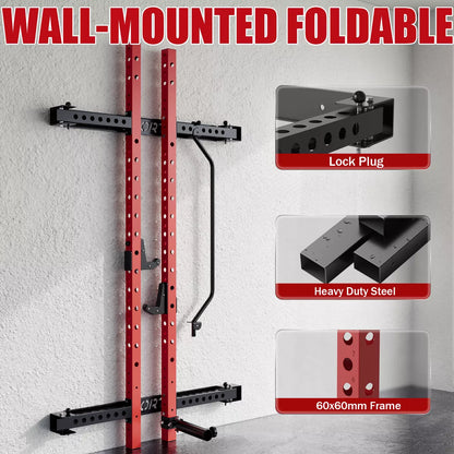 Garvee Wall-Mounted Folding Squat Rack with 1000 lbs Capacity, Integrated Pull-Up Bar, J Hook, and Landmine Attachment for Home Gym