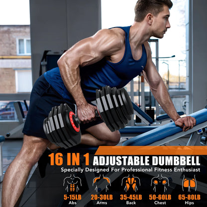 Adjustable Dumbbell Set, 160 lbs (80 lbs x 2), 16-in-1 Quick-Select Weight Range from 5 to 80 lbs for Comprehensive Home Workouts