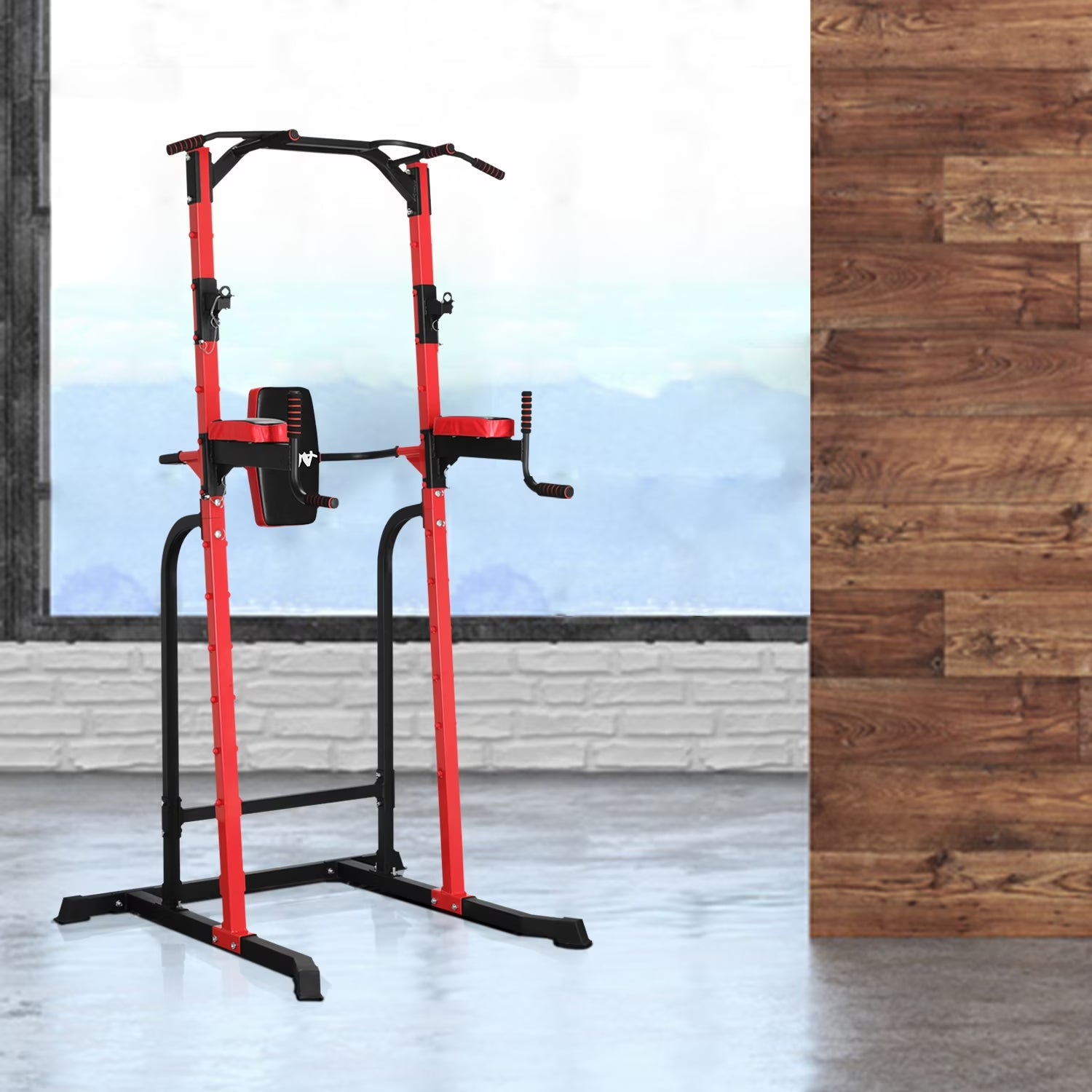 Multi-Function Power Tower with Dip Stands, Pull-Up Bars, and Squat Bar for Home Gym Strength Training - Red