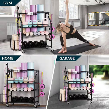 4-Tier Yoga Mat and Dumbbell Storage Rack with Wheels and Hooks for Home Gym Organization