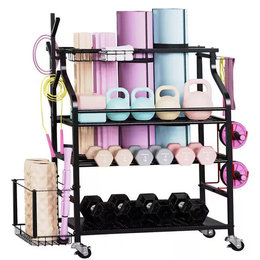 4-Tier Yoga Mat and Dumbbell Storage Rack with Wheels and Hooks for Home Gym Organization