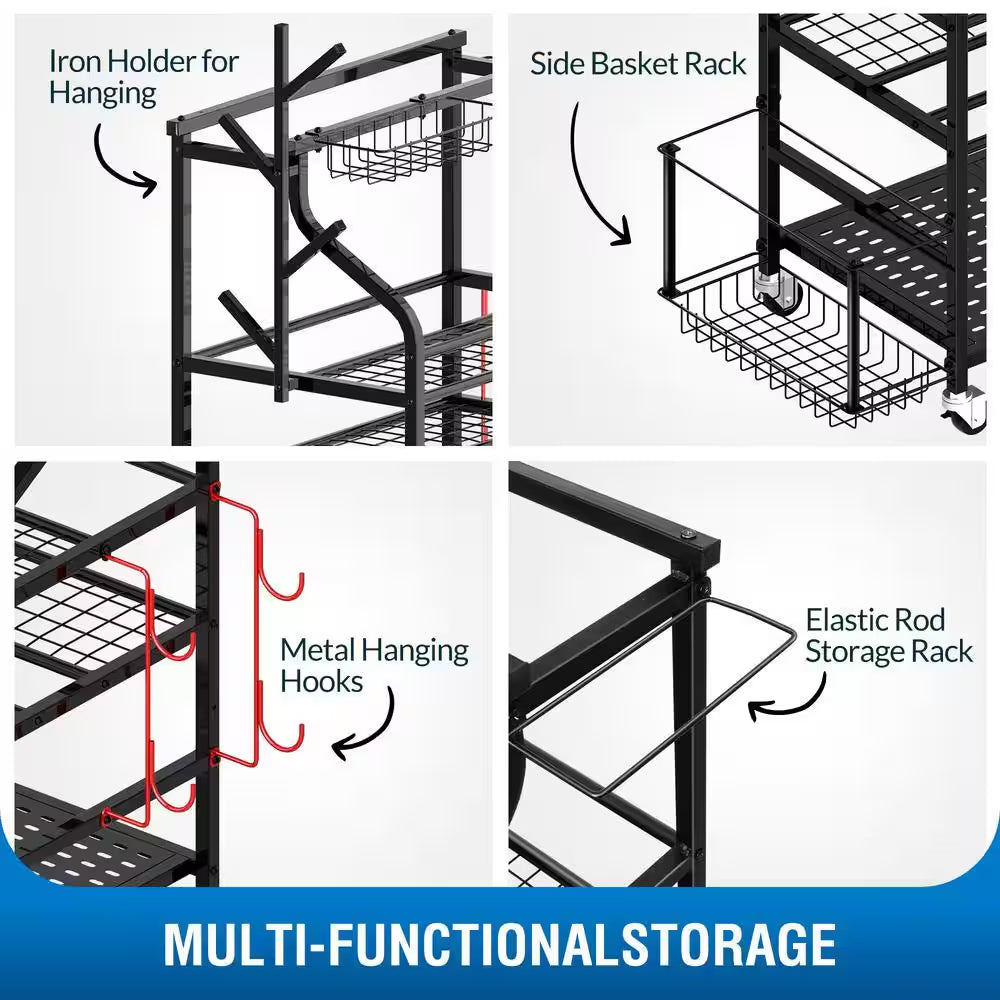 4-Tier Yoga Mat and Dumbbell Storage Rack with Wheels and Hooks for Home Gym Organization