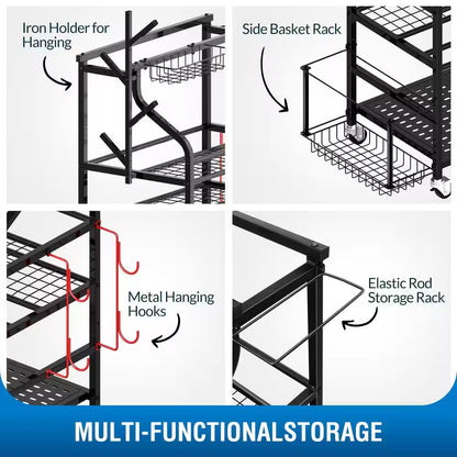 4-Tier Yoga Mat and Dumbbell Storage Rack with Wheels and Hooks for Home Gym Organization