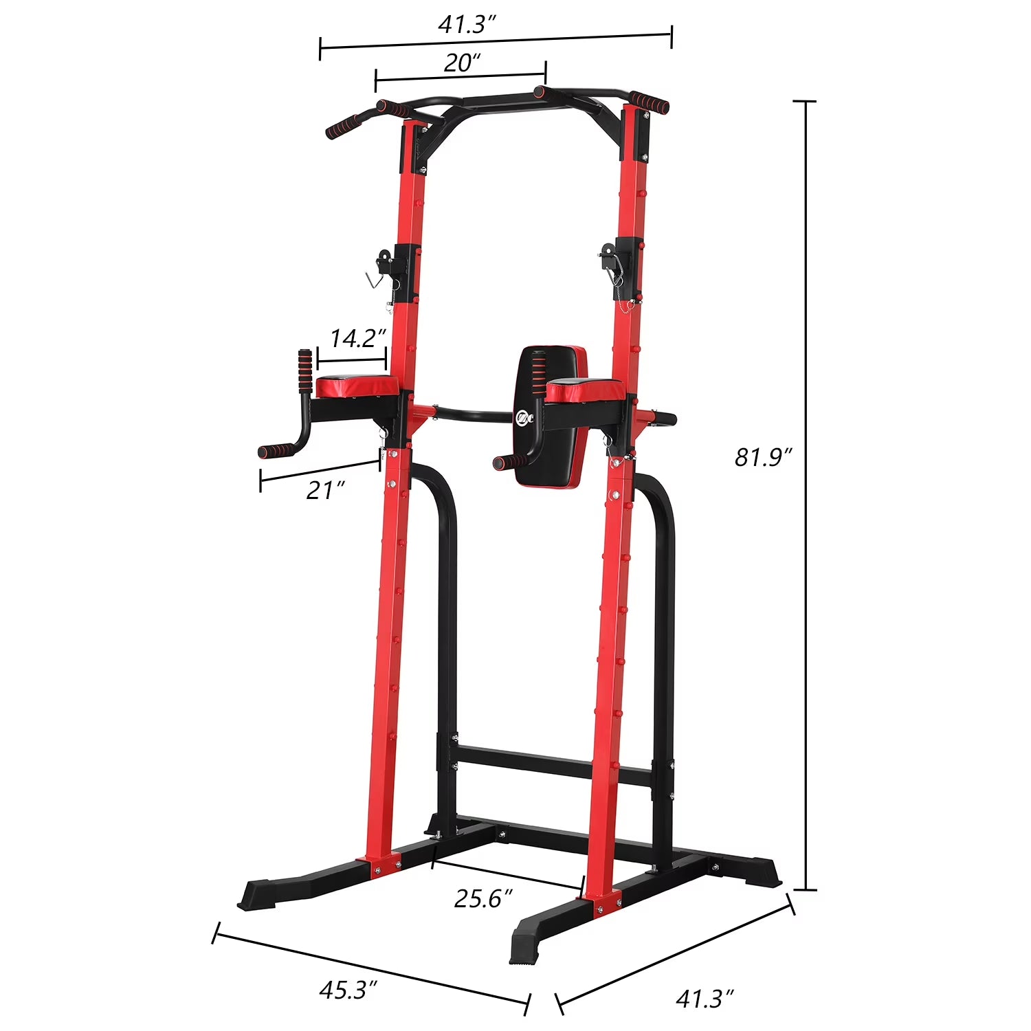 Multi-Function Power Tower with Dip Stands, Pull-Up Bars, and Squat Bar for Home Gym Strength Training - Red