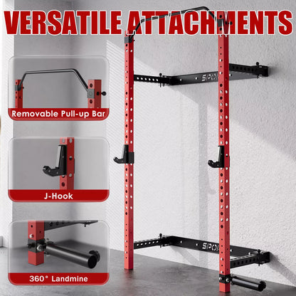 Garvee Wall-Mounted Folding Squat Rack with 1000 lbs Capacity, Integrated Pull-Up Bar, J Hook, and Landmine Attachment for Home Gym