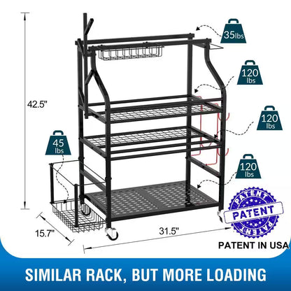 4-Tier Yoga Mat and Dumbbell Storage Rack with Wheels and Hooks for Home Gym Organization