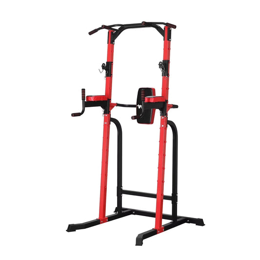 Multi-Function Power Tower with Dip Stands, Pull-Up Bars, and Squat Bar for Home Gym Strength Training - Red