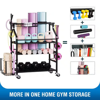 4-Tier Yoga Mat and Dumbbell Storage Rack with Wheels and Hooks for Home Gym Organization