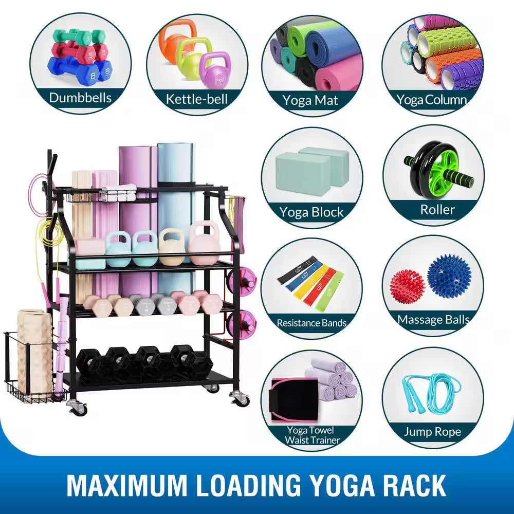 4-Tier Yoga Mat and Dumbbell Storage Rack with Wheels and Hooks for Home Gym Organization