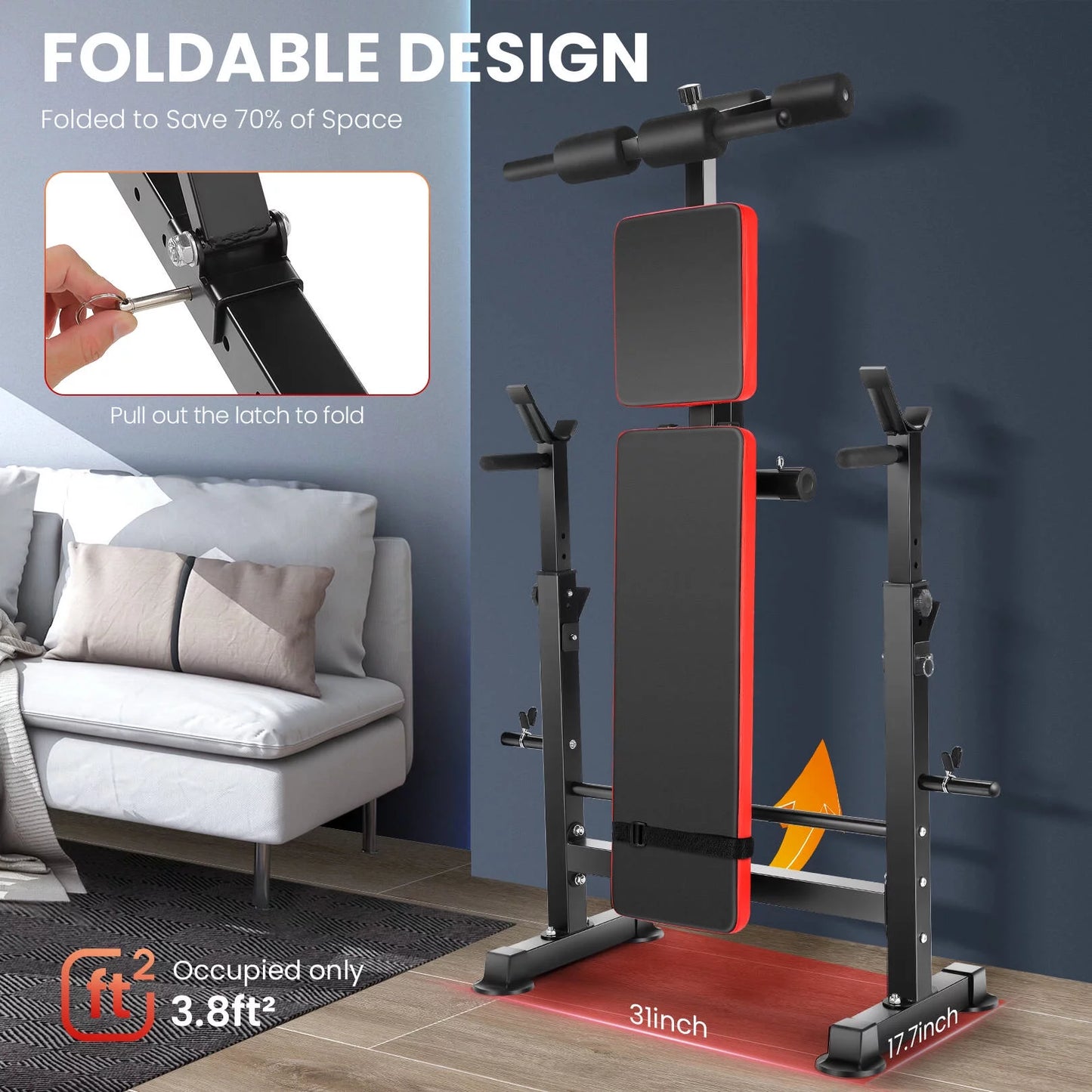6-in-1 Adjustable Weight Bench Set with Barbell Rack and Removable Foot Bracket, Includes Resistance Bands for Home Gym Training