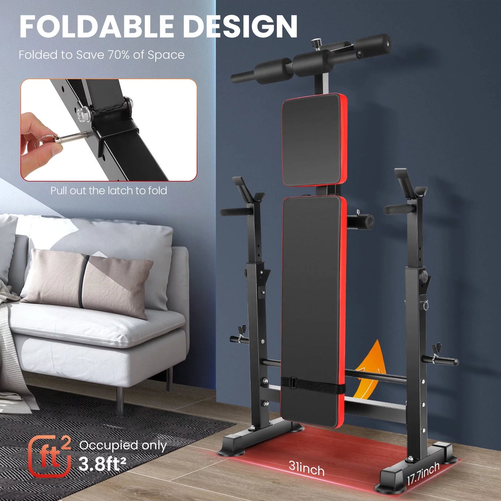 6-in-1 Adjustable Weight Bench Set with Barbell Rack and Removable Foot Bracket, Includes Resistance Bands for Home Gym Training