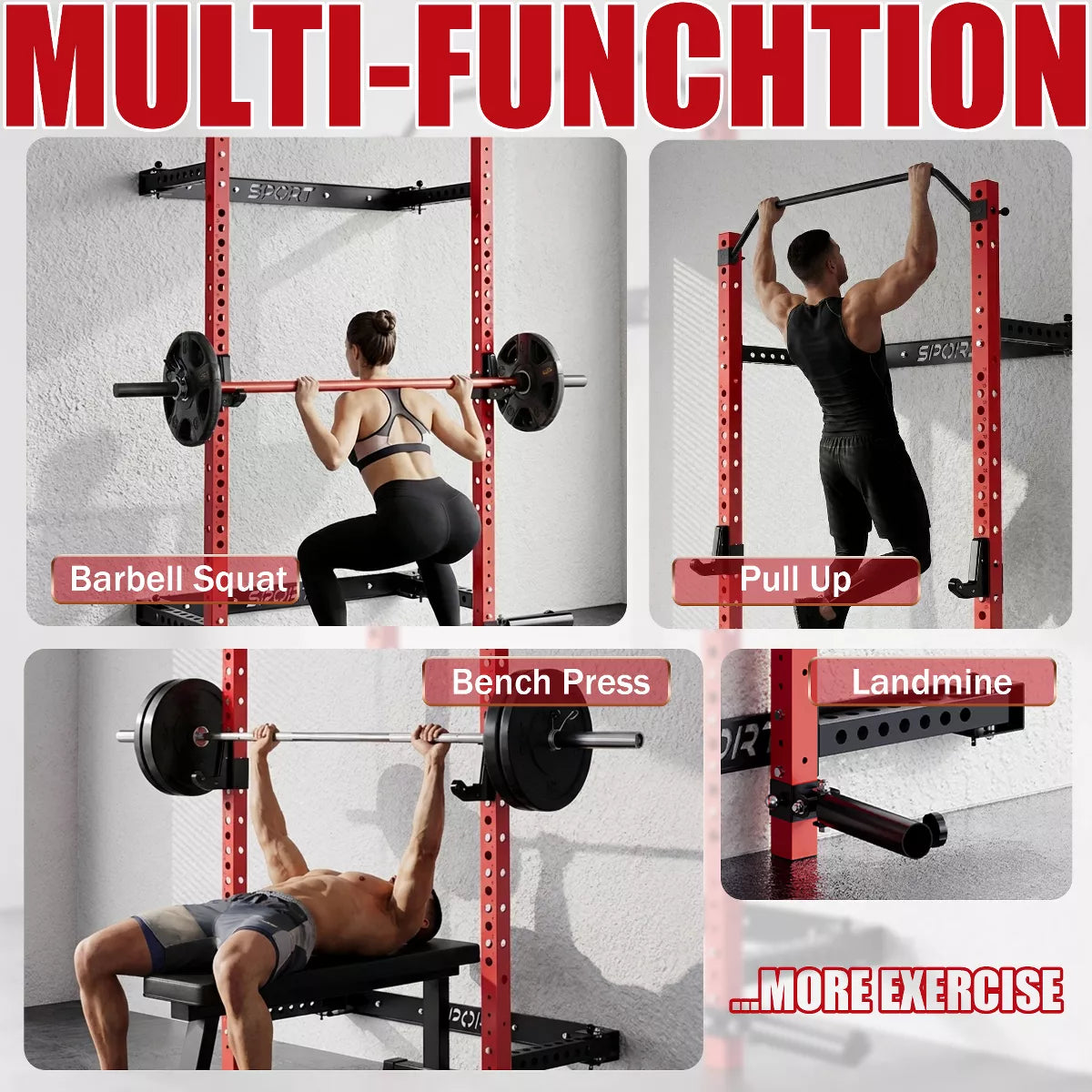 Garvee Wall-Mounted Folding Squat Rack with 1000 lbs Capacity, Integrated Pull-Up Bar, J Hook, and Landmine Attachment for Home Gym