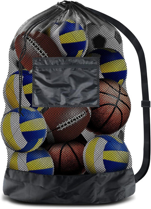 Extra Large Heavy-Duty Mesh Sports Ball Bag with Drawstring and Shoulder Strap for Basketball, Volleyball, Baseball, and Swimming Gear