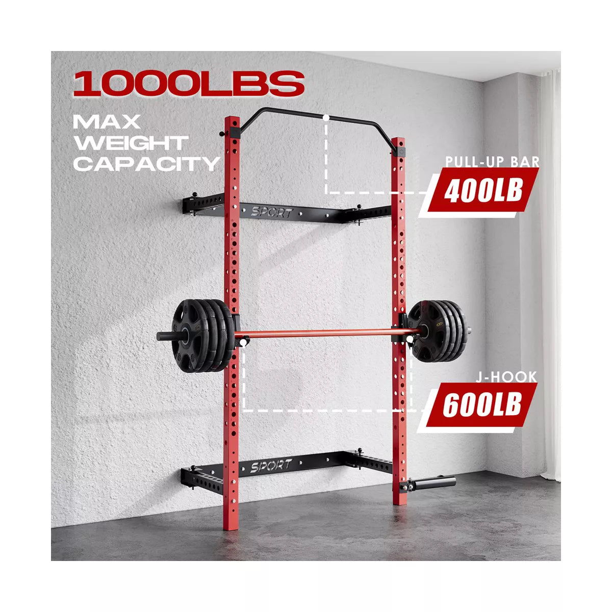 Garvee Wall-Mounted Folding Squat Rack with 1000 lbs Capacity, Integrated Pull-Up Bar, J Hook, and Landmine Attachment for Home Gym