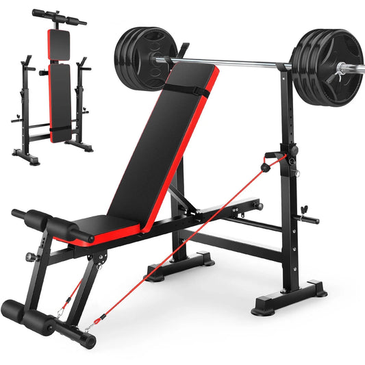6-in-1 Adjustable Weight Bench Set with Barbell Rack and Removable Foot Bracket, Includes Resistance Bands for Home Gym Training