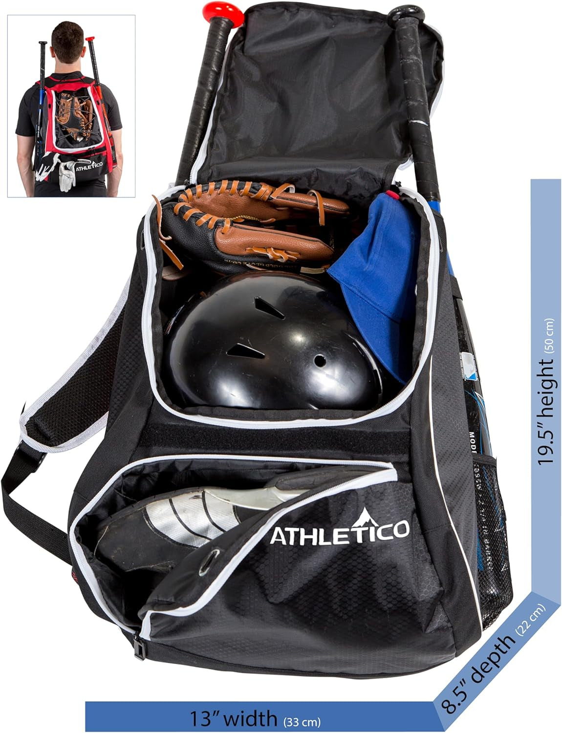 Baseball Bat Backpack - Versatile Gear Bag for Baseball, T-Ball, and Softball Equipment for All Ages | Accommodates Bat, Helmet, Glove, and Footwear | Includes Shoe Compartment and Fence Hook