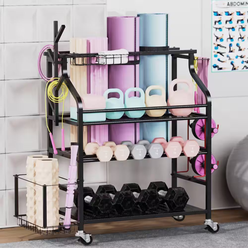 4-Tier Yoga Mat and Dumbbell Storage Rack with Wheels and Hooks for Home Gym Organization