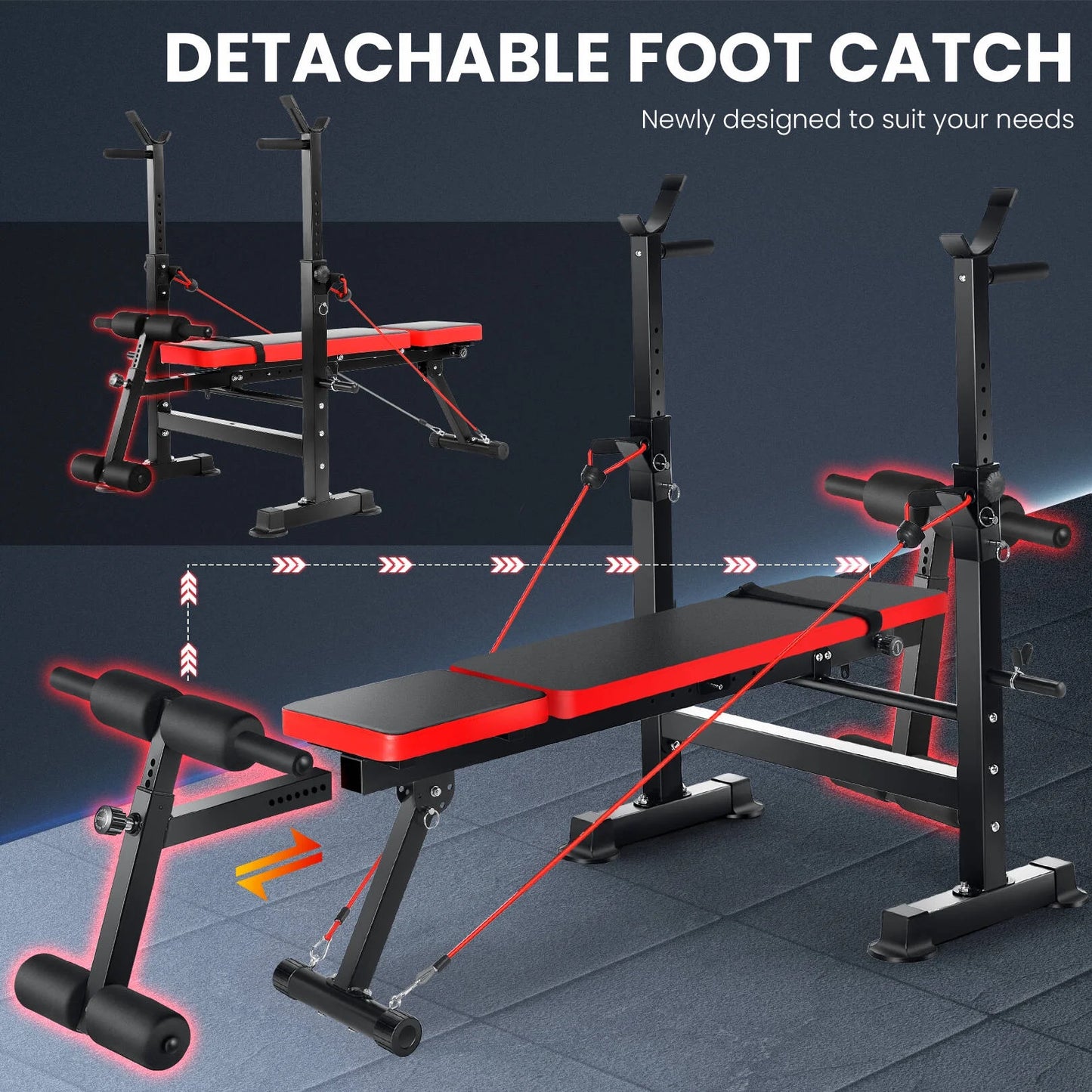 6-in-1 Adjustable Weight Bench Set with Barbell Rack and Removable Foot Bracket, Includes Resistance Bands for Home Gym Training