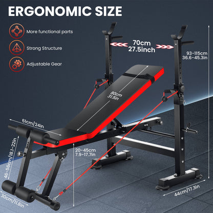 6-in-1 Adjustable Weight Bench Set with Barbell Rack and Removable Foot Bracket, Includes Resistance Bands for Home Gym Training